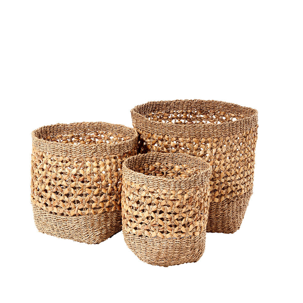 Woven Natural Seagrass and Water Hyacinth S/3 Tall Round Baskets