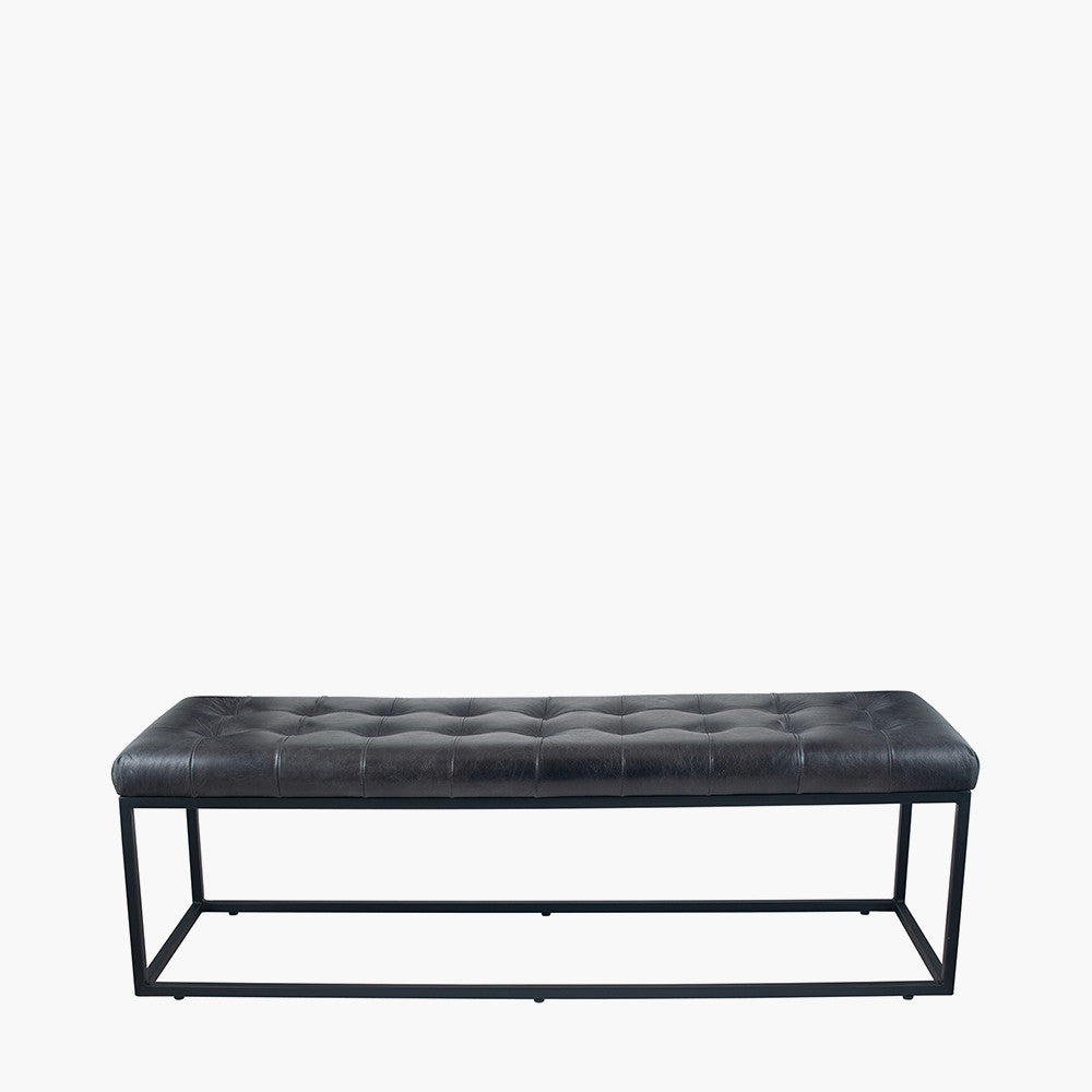 Arlo Steel Grey Leather & Iron Buttoned Bench