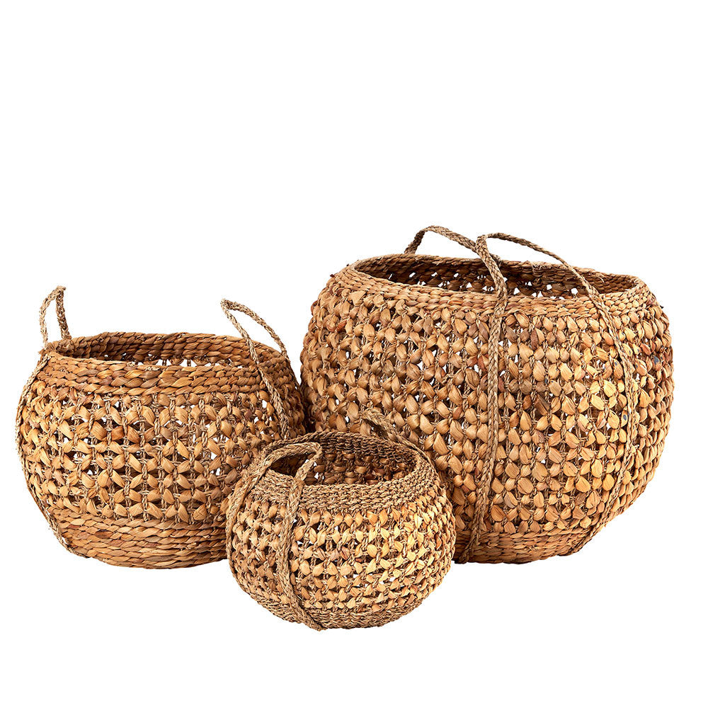 Woven Water Hyacinth S/3 Handled Round Baskets