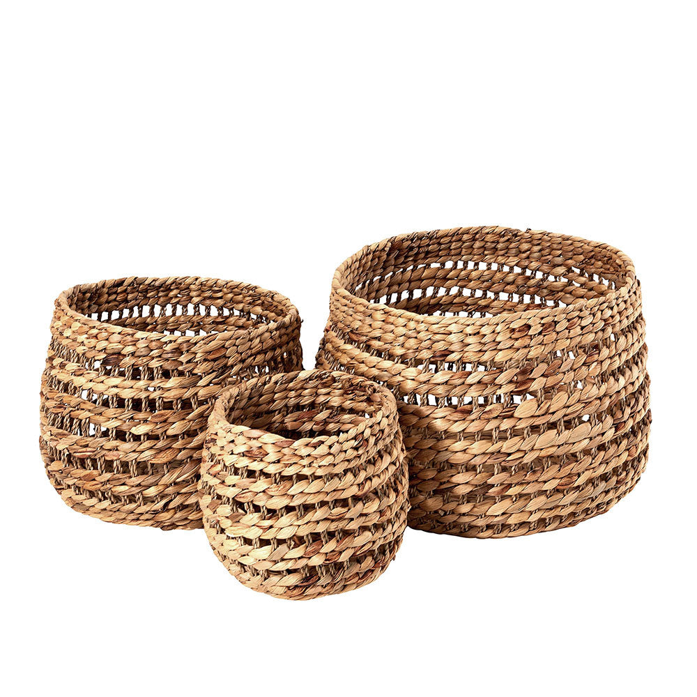 Woven Water Hyacinth S/3 Round Stripe Detail Baskets