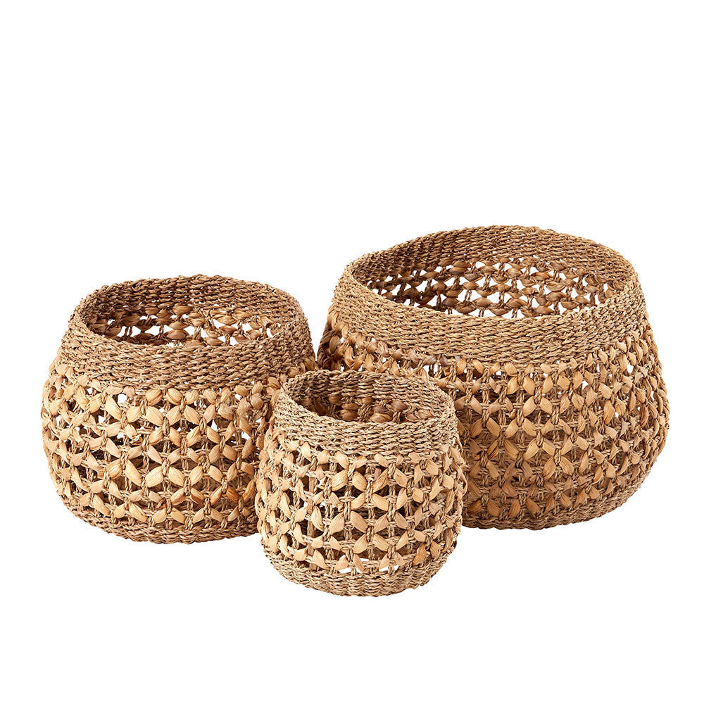 Woven Natural Seagrass and Water Hyacinth S/3 Round Baskets
